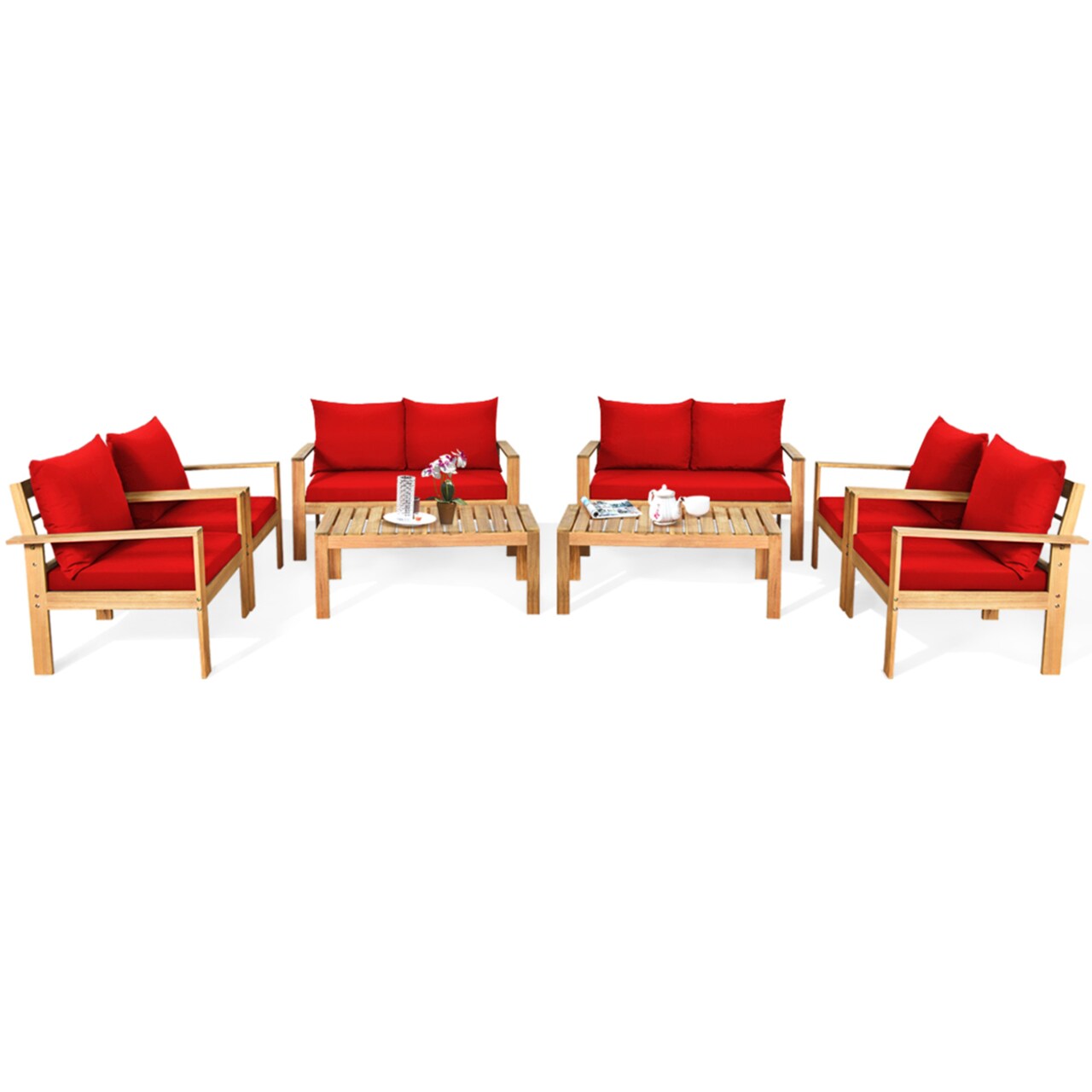 8Pcs Patio Acacia Wood Conversation Furniture Set W/ Red Cushions